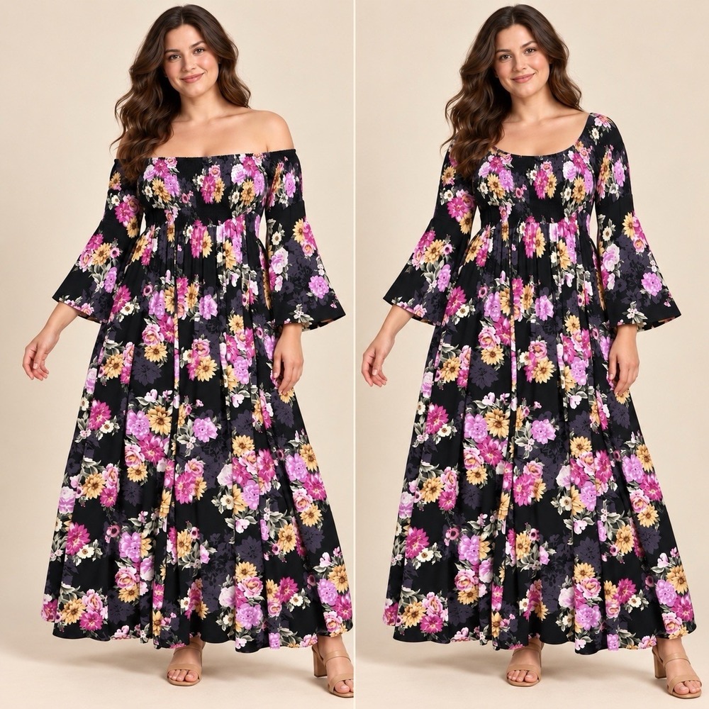Torrid Sz 0 Large Dark Floral Maxi Dress Off The Shoulder Bell Sleeve Black Boho